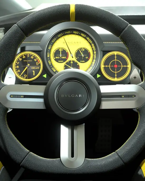 Машина для компьютерных гонок автомобилем Bulgari Vision Gran Turismo вдохновлена формами знаменитых часов Aluminium, а ее приборная доска – циферблатом новой лимитированной серии.