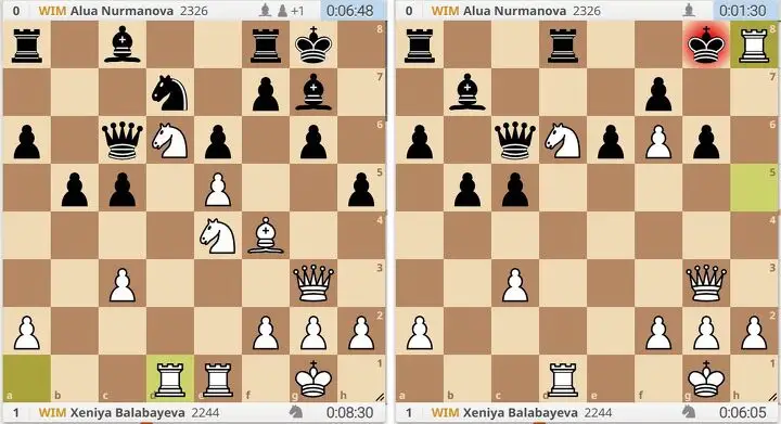 Пятый тур. Балабаева – Нурманова. Позиция после 21-го хода белых и финальная позиция
