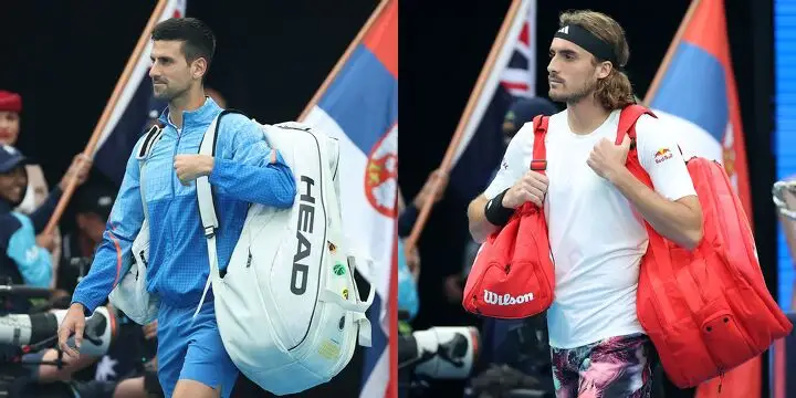 На корт выходят финалисты Открытого чемпионата Австралии-2023 в мужском одиночном разряде Новак Джокович и Стефанос Циципас