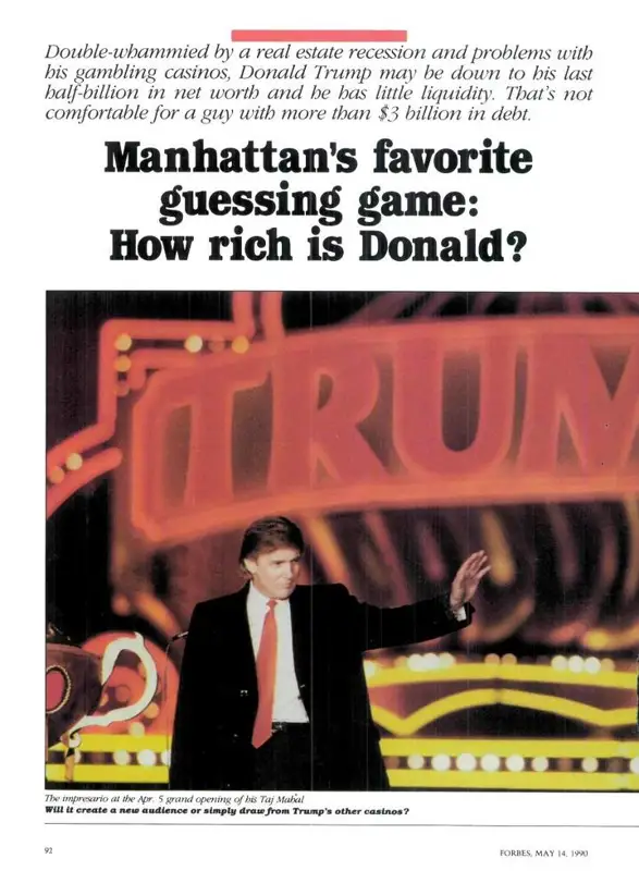 The opening page of Forbes magazine's 1990 expose into Donald Trump's finances