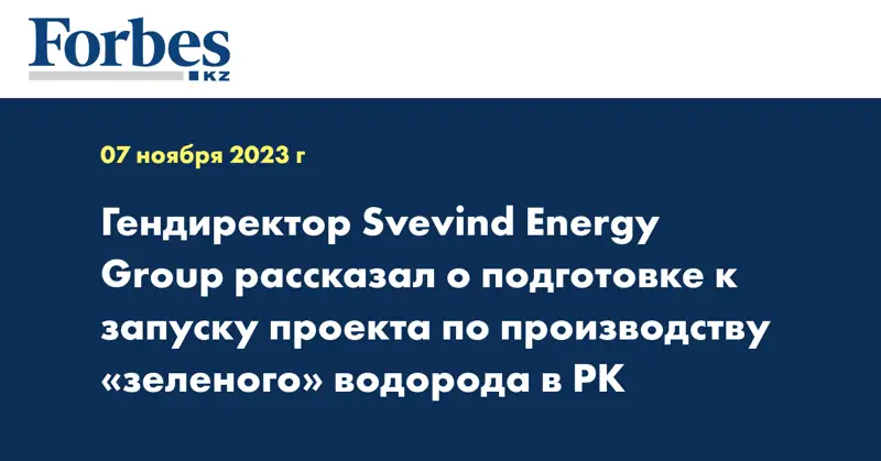 Гендиректор Svevind Energy Group рассказал о подготовке к запуску проекта по производству «зелёного» водорода в РК