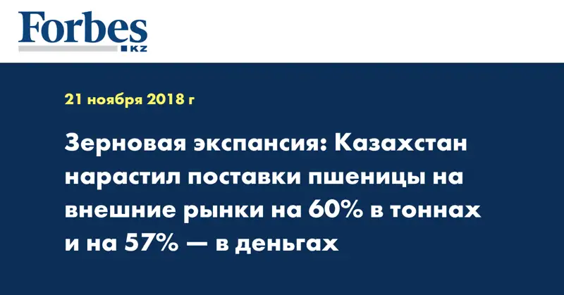 Зерновая экспансия: Казахстан нарастил поставки пшеницы на внешние рынки на 60% в тоннах и на 57% — в деньгах