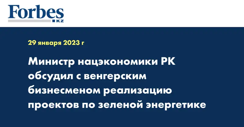 Министр нацэкономики РК обсудил с венгерским бизнесменом реализацию проектов по зеленой энергетике