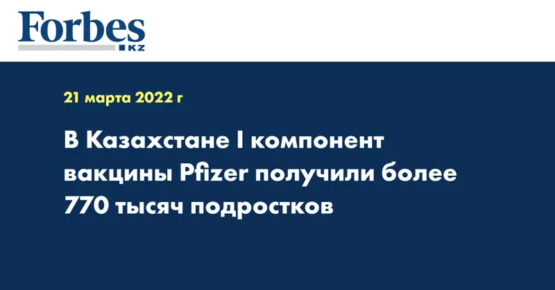 В Казахстане I компонент вакцины Pfizer получили более 770 тысяч подростков