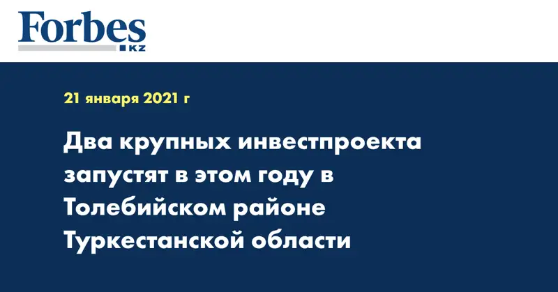 Два крупных инвестпроекта запустят в этом году в Толебийском районе Туркестанской области