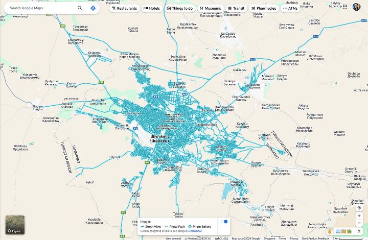 Карта, показывающая дороги, снятые автомобилем Street View в Шымкенте