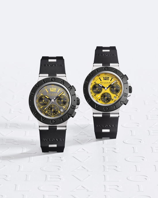 Часы Bulgari Aluminium x Gran Turismo Special Edition выпущены в двух лимитированных сериях. 500 экземпляров с желтым циферблатом и черными индексами и 1200 экземпляров с антрацитовым циферблатом с желтыми индексами. Эмблема GT Vision 10th Anniversary – на задней крышке из титана.