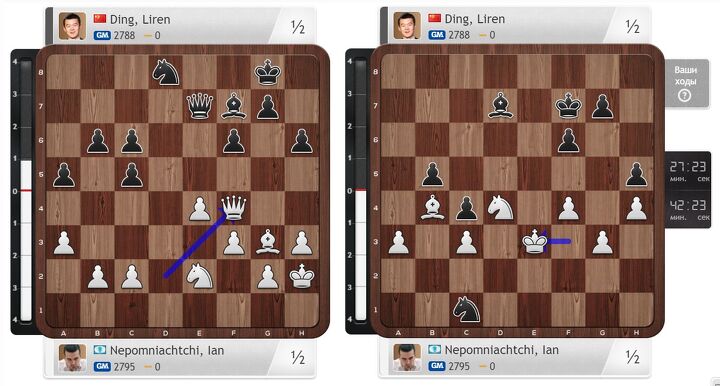 Позиция, сложившаяся после хода 27. Фf4, внушала большие опасения для чёрных, но им всё же удалось спастись: 49. Крe3 – ничья. Здесь и далее будут использованы позиции с сайта Chess24.com