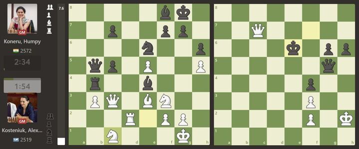 Вот такая позиция сложилась после 33-го хода белых в партии 10-го тура между Александрой Костенюк и Хампи Конеру. И вот так партия закончилась после 78-го хода чёрных…