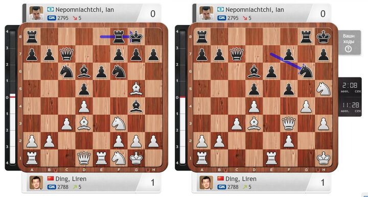Изменение позиции между 11-м и 18-м ходом чёрных (Ян Непомнящий). Пока шахматные «движки» оценивают её как в целом равную. Здесь и далее используются позиции с сайта Chess24.com