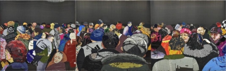 Сауле Сулейменова, «Горизонт», 2017. Пластиковые пакеты на поликарбонате. Триптих, каждая панель 200 x 200 см (78.7 x 78.7 ин)
