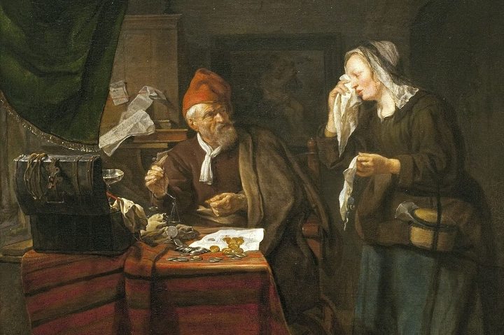 Габриэль Метсю. Ростовщик и плачущая женщина (фрагмент). 1654 