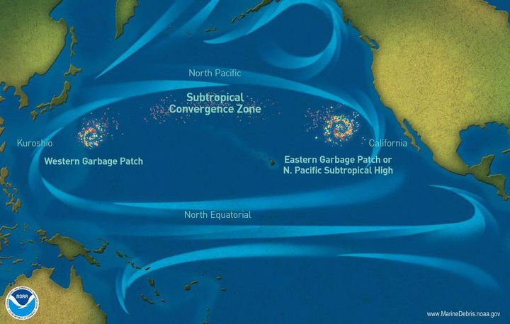Location of the Great Pacific Garbage Patch and the subtropical convergence zone