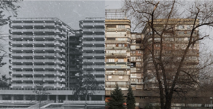 Коллаж жилого комплекса «Три богатыря». Замысел и реальность. 1966-70/2018. Архитекторы: Альбина Петрова, Гульзара Джакипова, Б. Чурляев, Н. Чистоклетова Коллаж жилого комплекса «Три богатыря». Замысел и реальность. 1966-70/2018. Архитекторы: Альбина Петрова, Гульзара Джакипова, Б. Чурляев, Н. Чистоклетова