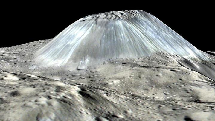 Computer-generated image of Ahuna Mons, with elevation exaggerated by a factor of two (1 September 2016). Computer-generated image of Ahuna Mons, with elevation exaggerated by a factor of two (1 September 2016).