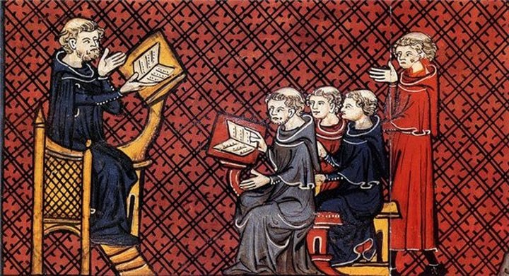 Амори де Бен — французский философ-мистик и теолог (середина XII века), читающий лекцию в Парижском университете. Французская миниатюра начала XIV века