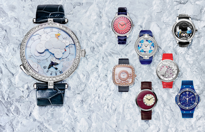 По часовой стрелке: Lady Arpels Rondedes Papillons, белое золото, бриллианты, VANCLEEF&ARPELS ($123 000). Dior VIII Montaigne Ligne Corolle, нержавеющая сталь, CHRISTIAN DIOR COUTURE ($7900). Blossom Velvet Blue, белое золото, бриллианты, ROGER DUBUIS ($80 900). Bird Repeater Openwork, JAQUET DROZ ($472 500). Fabergé Lady Compliquée Peacock Ruby, белое золото, бриллианты, FABERGÉ ($26 500). Big Bang Blue Linen, композитный пластик, холст, HUBLOT($16 700). Métiers d’Art Elégance Sartoriale Prince of Wales, белое золото, VACHERON CONSTANTIN ($53 600). HappyDiamonds, розовое золото, бриллианты, CHOPARD ($48 500). По часовой стрелке: Lady Arpels Rondedes Papillons, белое золото, бриллианты, VANCLEEF&ARPELS ($123 000). Dior VIII Montaigne Ligne Corolle, нержавеющая сталь, CHRISTIAN DIOR COUTURE ($7900). Blossom Velvet Blue, белое золото, бриллианты, ROGER DUBUIS ($80 900). Bird Repeater Openwork, JAQUET DROZ ($472 500). Fabergé Lady Compliquée Peacock Ruby, белое золото, бриллианты, FABERGÉ ($26 500). Big Bang Blue Linen, композитный пластик, холст, HUBLOT($16 700). Métiers d’Art Elégance Sartoriale Prince of Wales, белое золото, VACHERON CONSTANTIN ($53 600). HappyDiamonds, розовое золото, бриллианты, CHOPARD ($48 500).