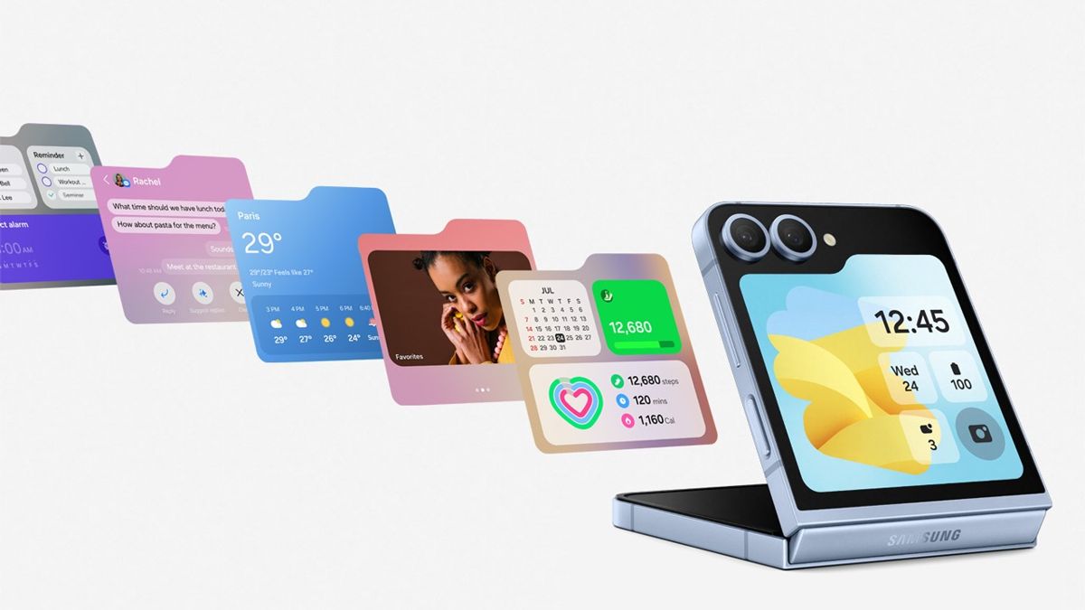 Galaxy Z Flip6 FlexWindow, смартфон - раскладушка и картинками опций 