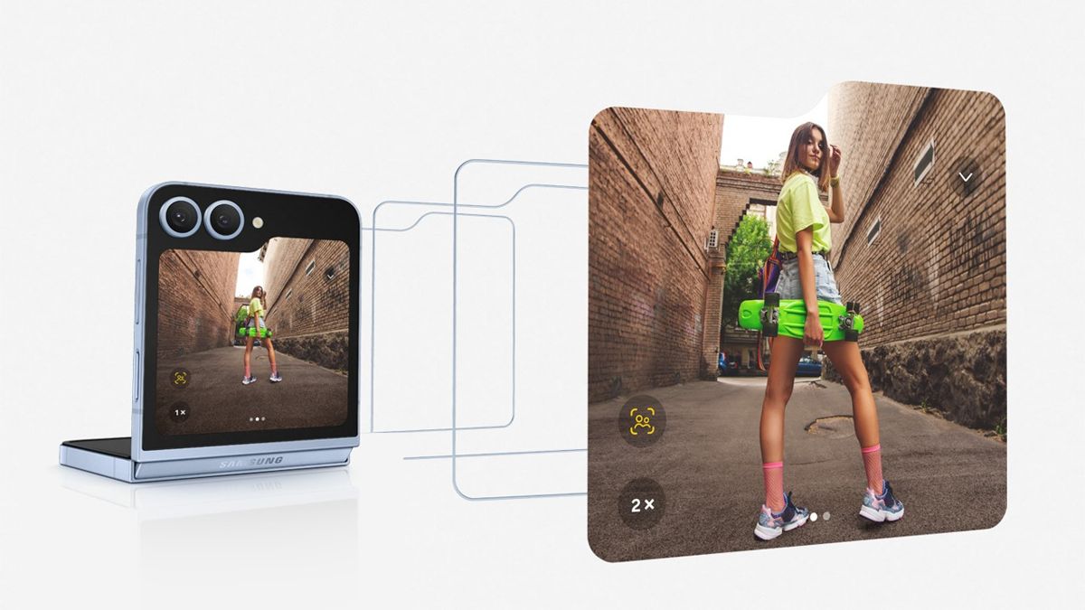 Galaxy Z Flip6 дисплей с изображением идущей девушки
