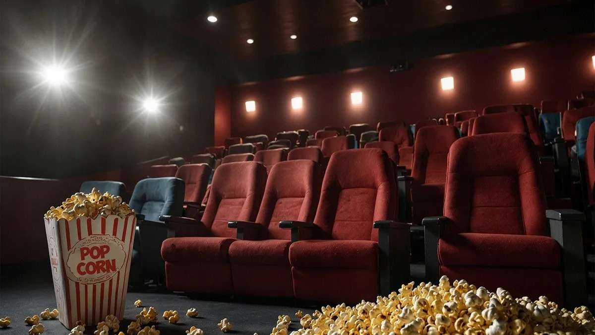 Пустые кресла кинотеатра и попкорн 