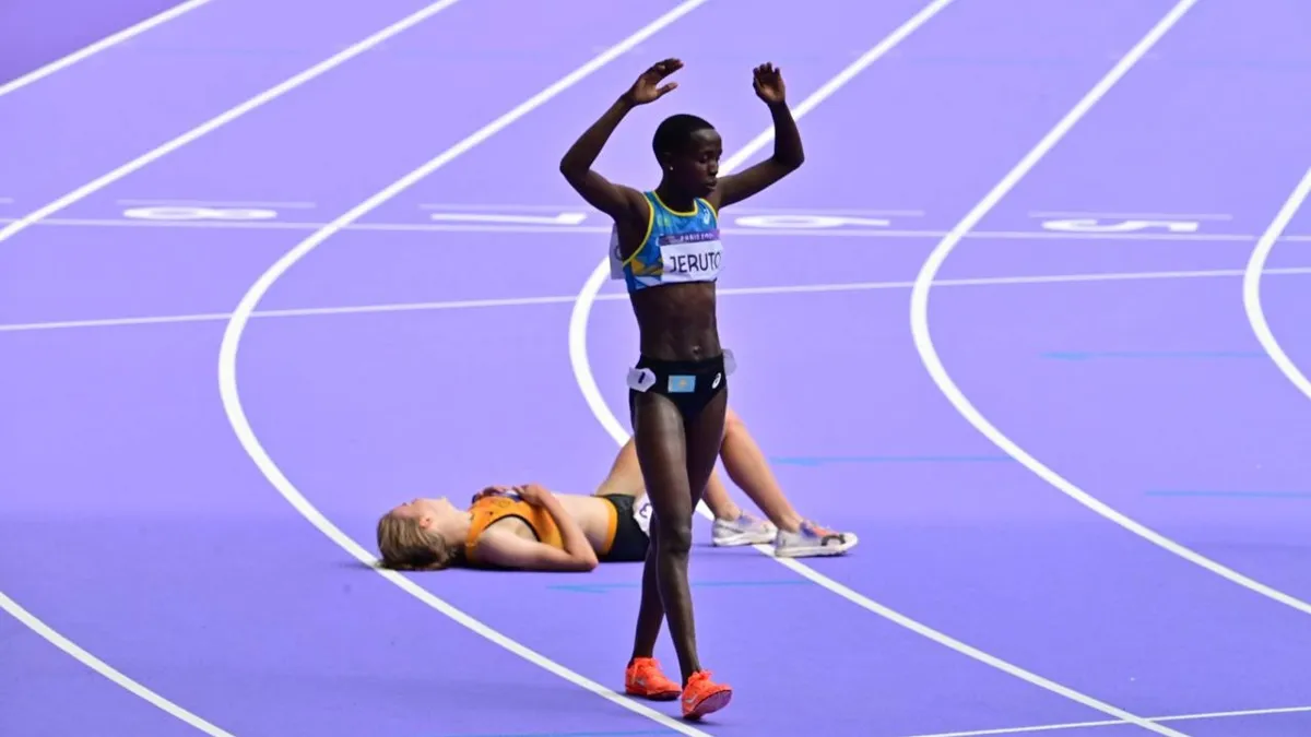 Нора Джеруто, темнокожая бегунья на финише во время Олипиады