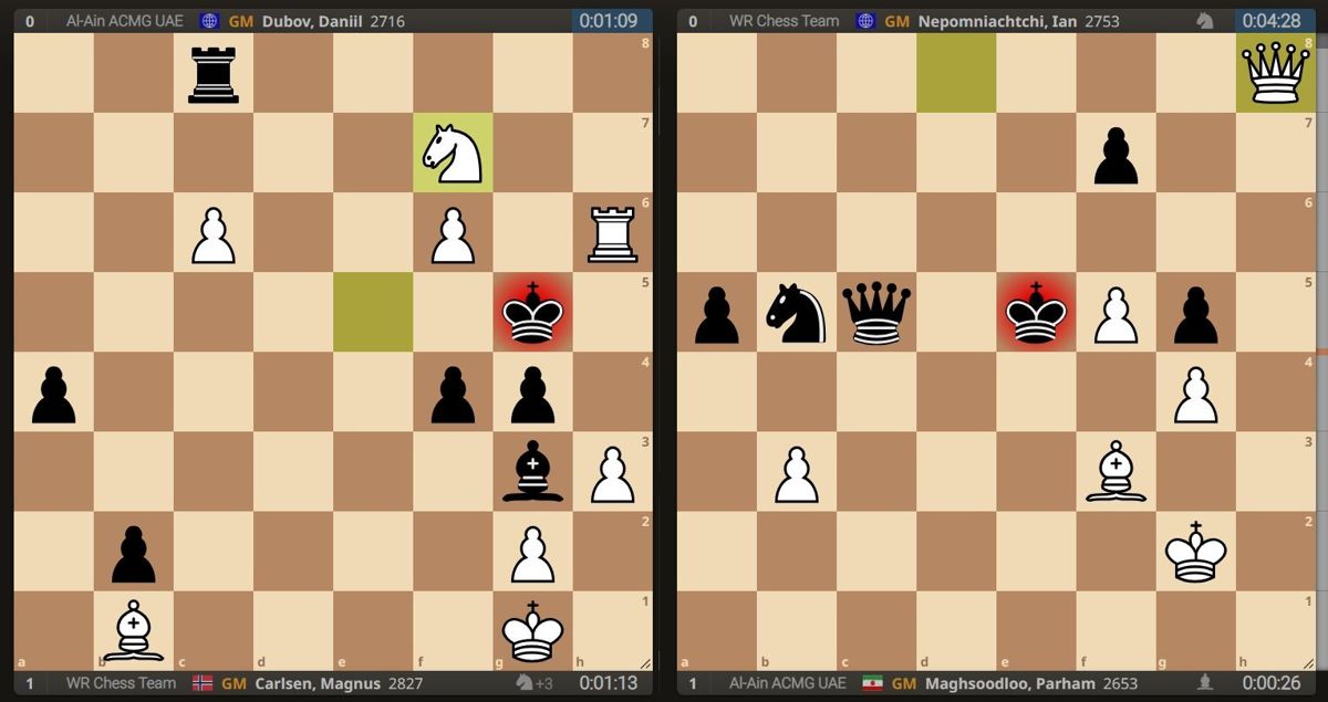 Финальные позиции в партиях Магнус Карлсен – Даниил Дубов (слева) и Пархам Магсудлу – Ян Непомнящий на шахматных досках