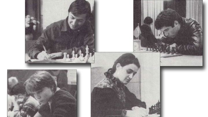 На этом коллаже, иллюстрировавшем статью 1983 года, можно видеть чемпионов мира Анатолия Карпова и Майю Чибурданидзе вместе с их главными конкурентами Гарри Каспаровым и Пией Крамлинг коллаж из фото чемпионы мира Анатолий Карпов, Майя Чибурданидзе, Гарри Каспаров и Пия Крамлинг