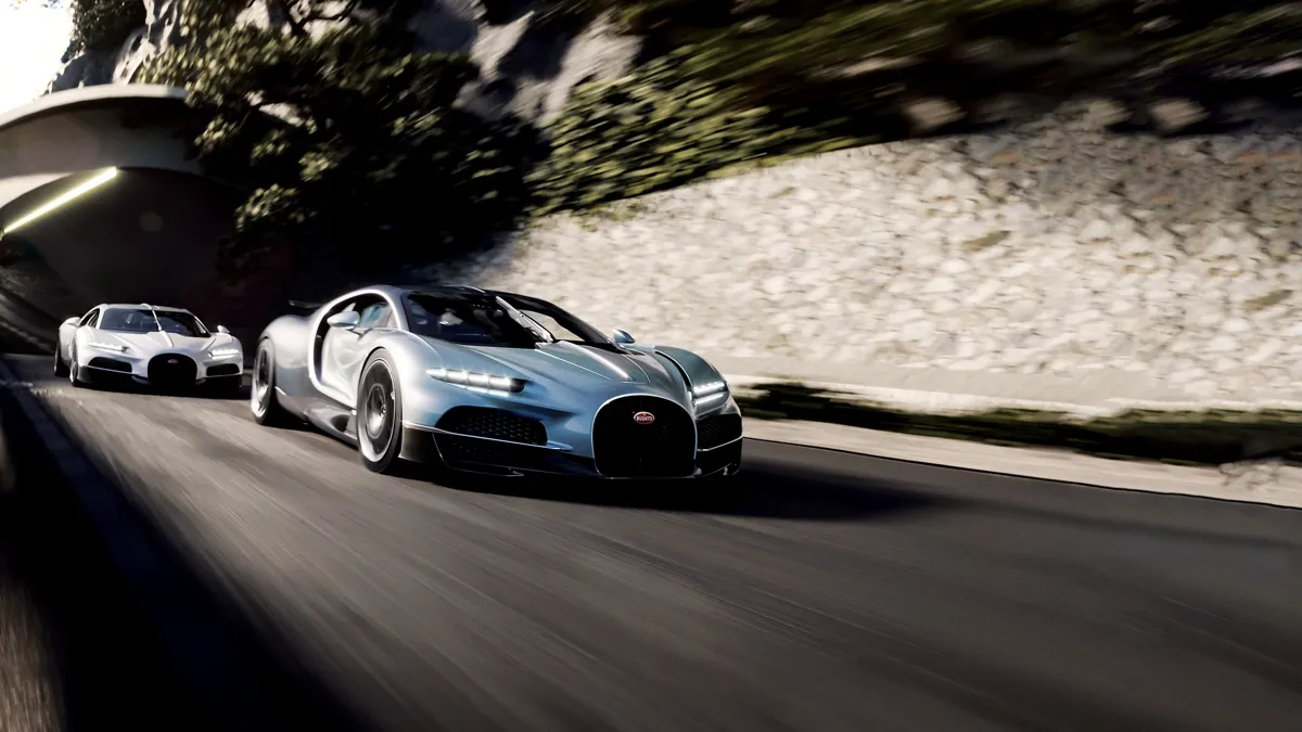 Bugatti Tourbillon Bugatti Tourbillon, две машины выезжают из тоннеля