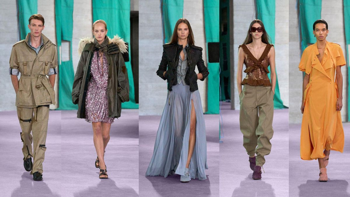 Модели Burberry в платьях и костюмах милитари