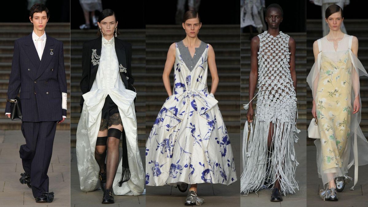 Модели Erdem, черный брючный костюм и платья