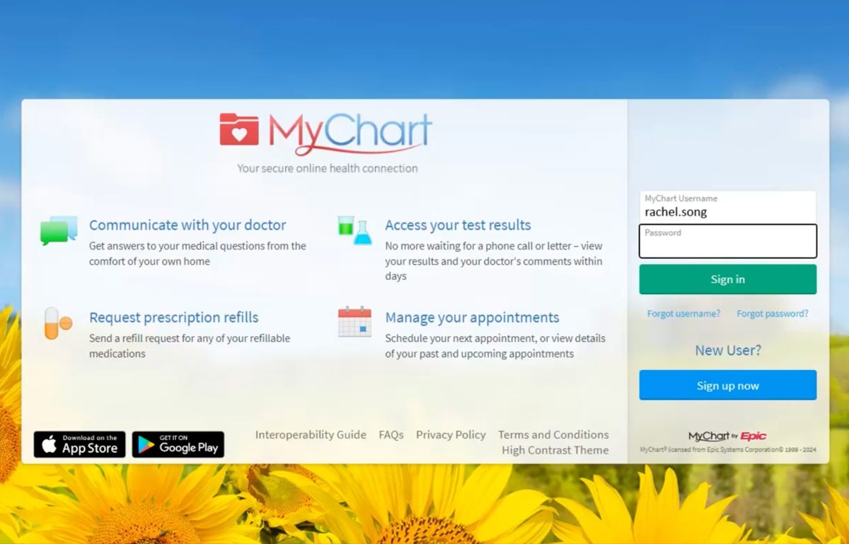 Интерфейс приложения MyChart Интерфейс приложения MyChart - медкарта пациента