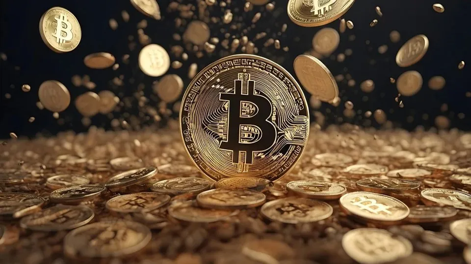 Бикоин в виде дождя из золотых монет, рост курса биткоина