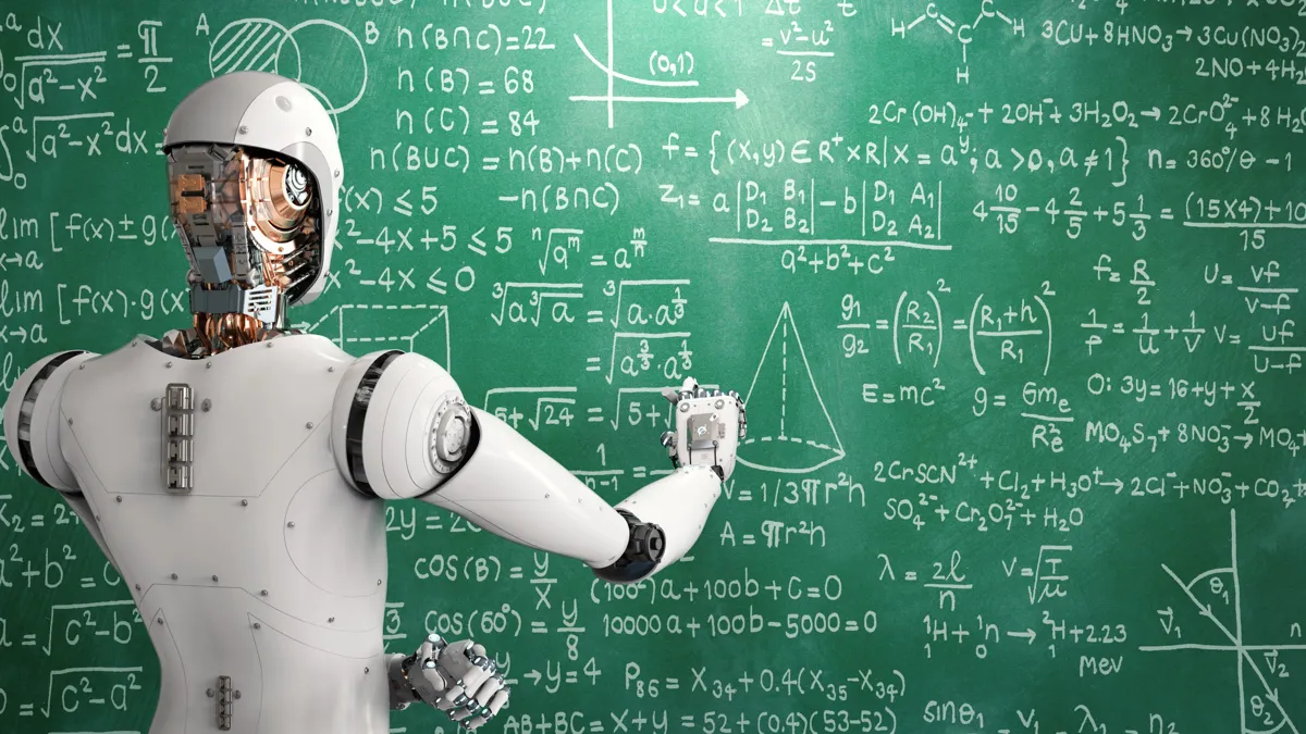 робот профессор учитель преподаватель доска мел формулы 