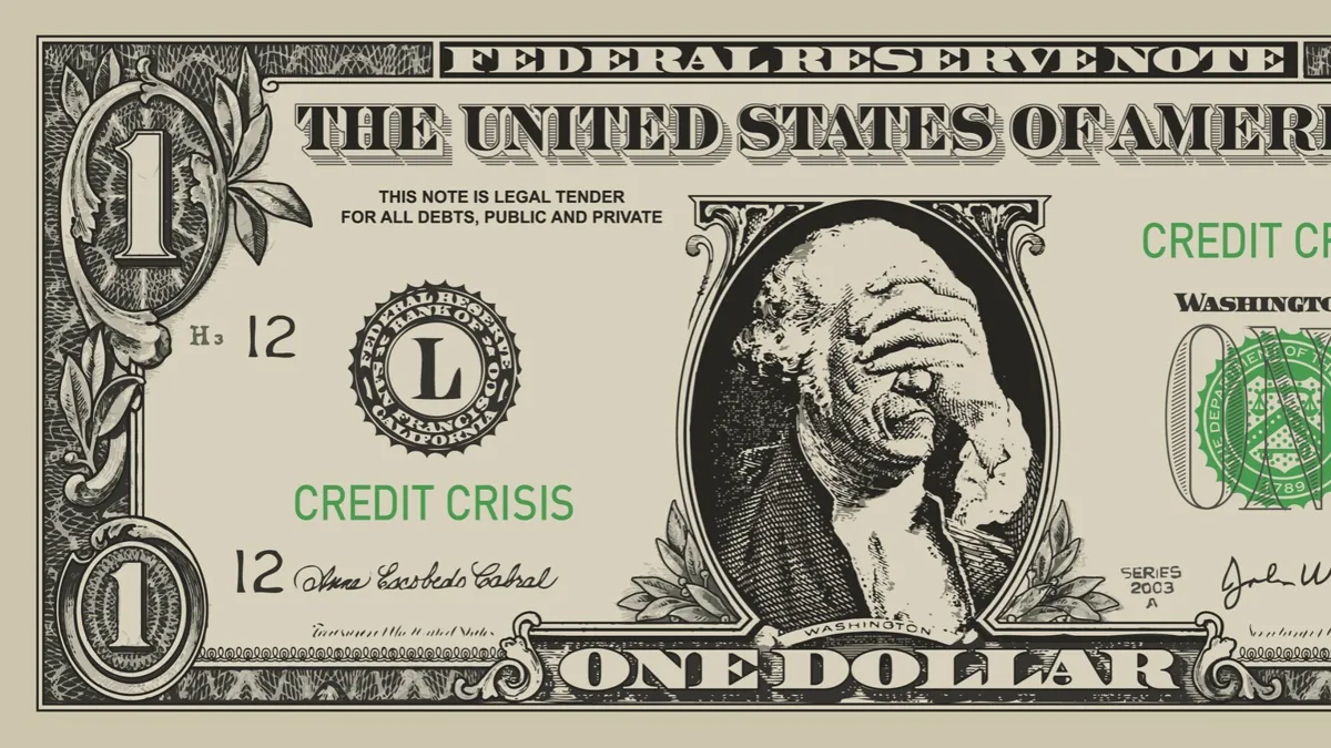 Один доллар, купюра, на портрете Вашингтон закрыл глаза рукой