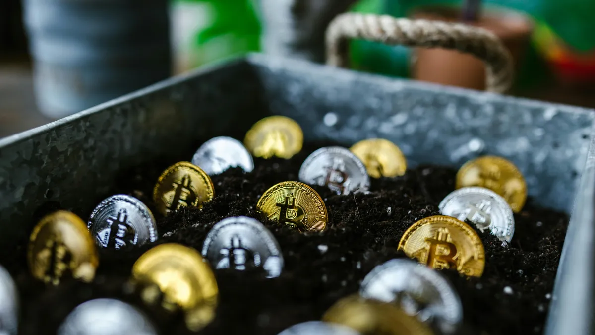 монеты биткоина в клумбе