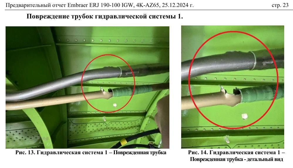 Повреждение трубок гидравлической системы № 1 Предварительный отчет по крушению самолета AZAL в Актау
