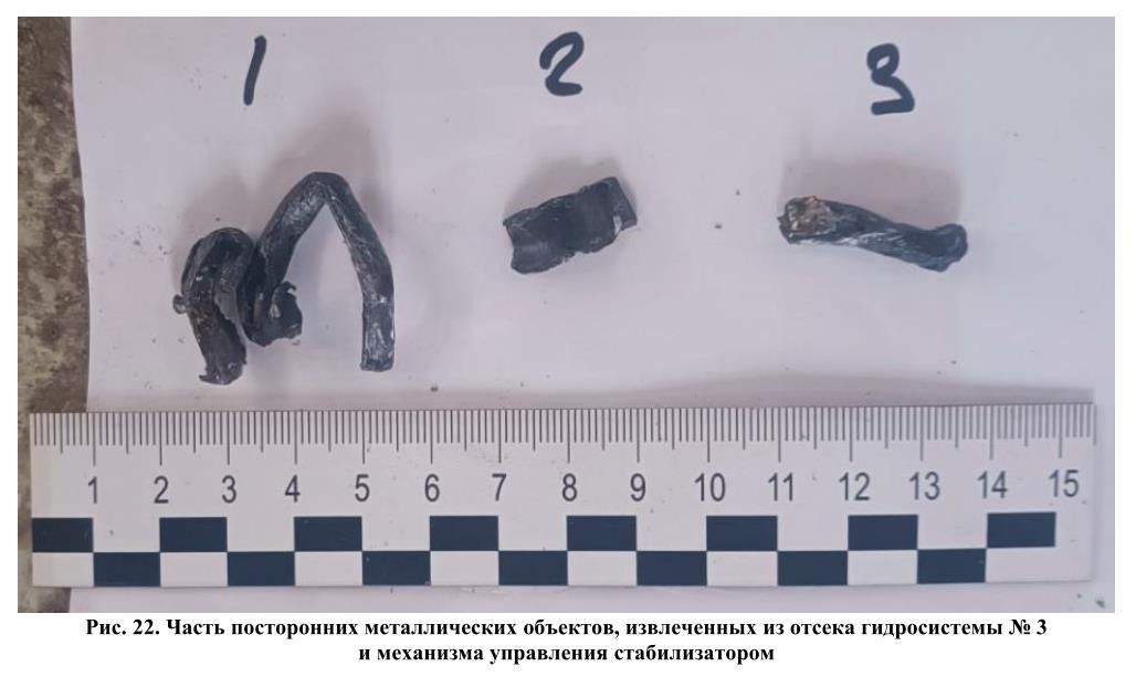 Часть посторонних металлических объектов, извлеченных из отсека гидросистемы № 3 и механизма управления стабилизатором Предварительный отчет по крушению самолета AZAL в Актау