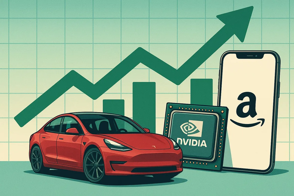 Машина Tesla, чип Nvidia и айфон, схематическое изображение, с графиком роста акций