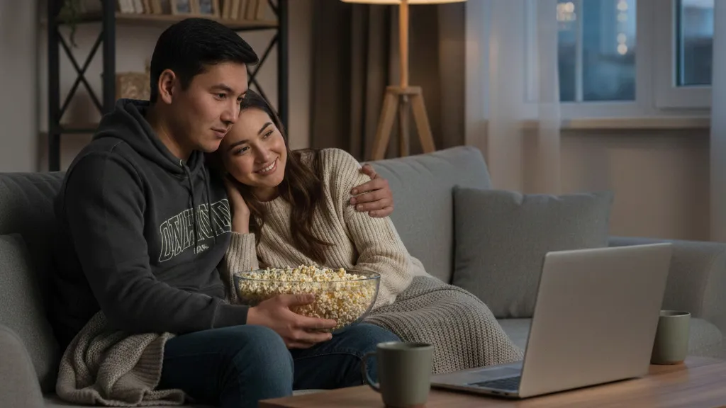 Мужчина и женщина смотрят фильм в ноутбуке, сидя на диване