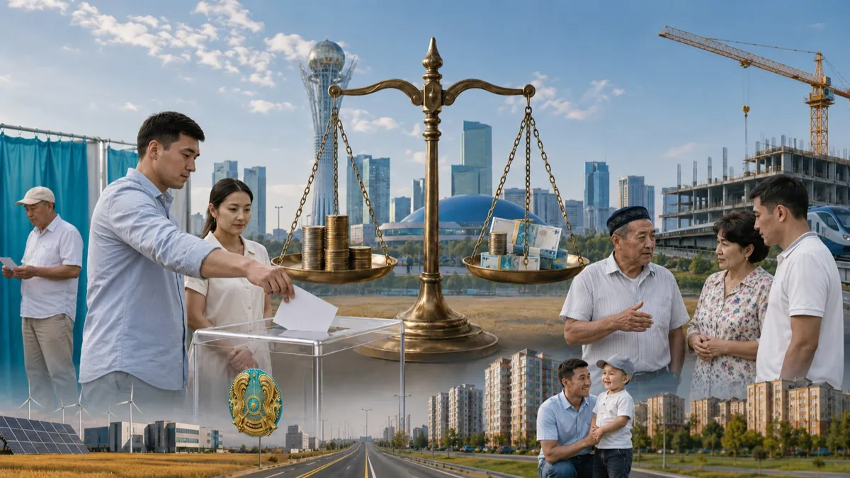 Избиратели у урн на фоне Астаны