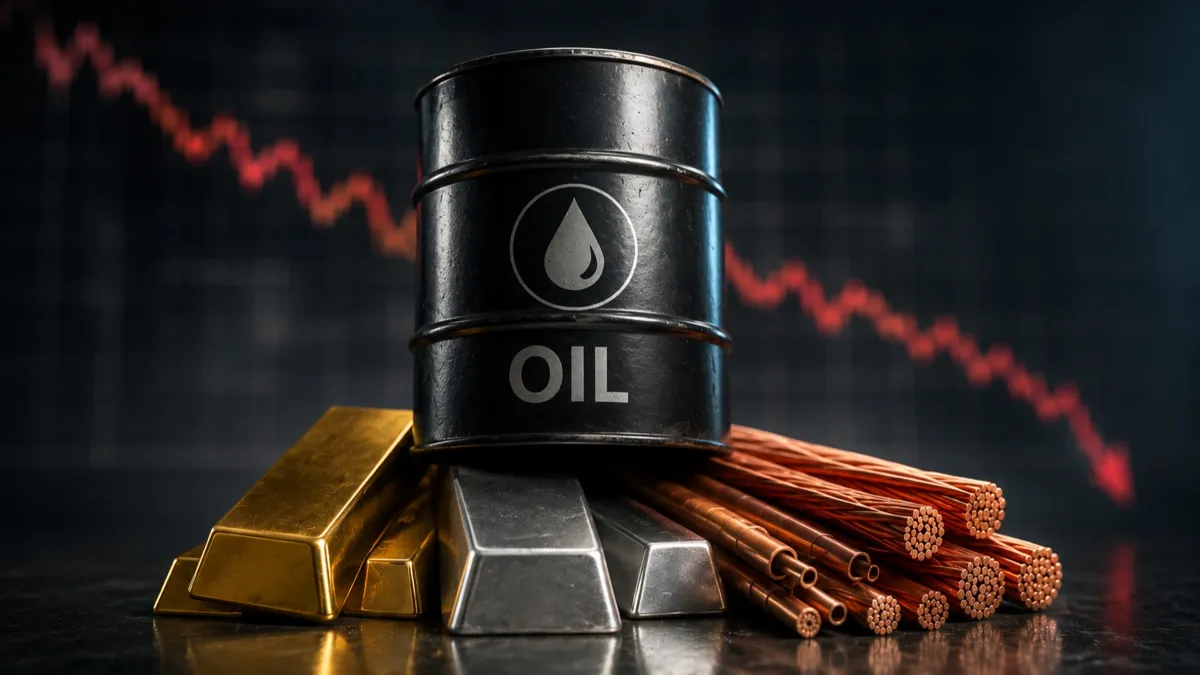 Внизу слитки золота, серебра и медные кабели, на них стоит бочка нефти, фон - снижающийся график