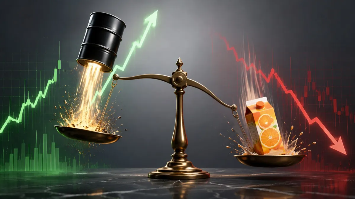 Слева — бочка нефти, которая резко взмывает вверх, как будто на пружине или на графике роста; справа — стакан или картонная упаковка апельсинового сока, который, наоборот, проваливается вниз. На фоне — условные биржевые графики: у нефти линия идет вверх, у сока — вниз.