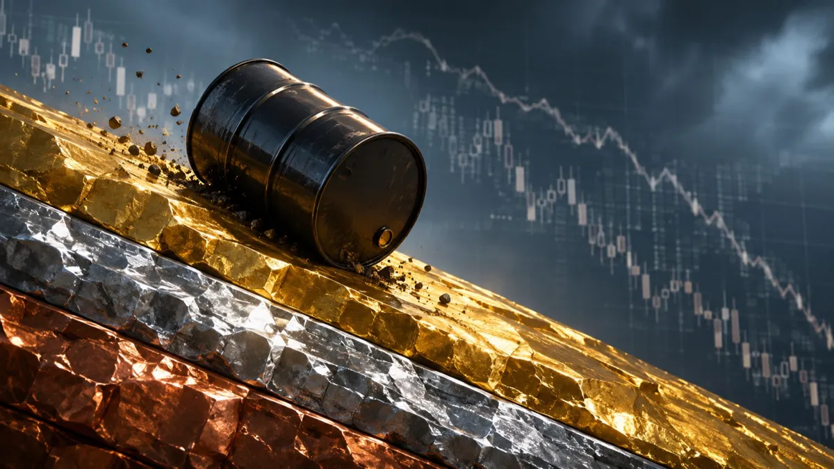 Бочка нефти катится под гору, а поверхность горы - это полосы золота, серебра и меди