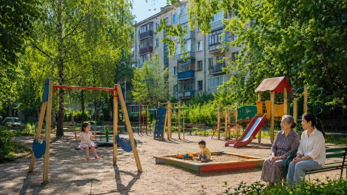 Детская площадка во дворе пятиэтажек, лето, девочка лет четырех сидит на качели, мальчик двух лет играет в песочнице, остальные горки, веревочные лестницы пустые