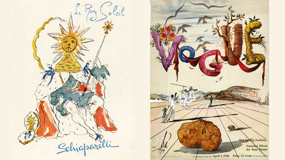 Слева: иллюстрация Сальвадора Дали для рекламы аромата Le Roy Soleil Schiaparelli, справа: обложка Американского Vogue от 1 апреля 1944 года дизайна Сальвадора Дали