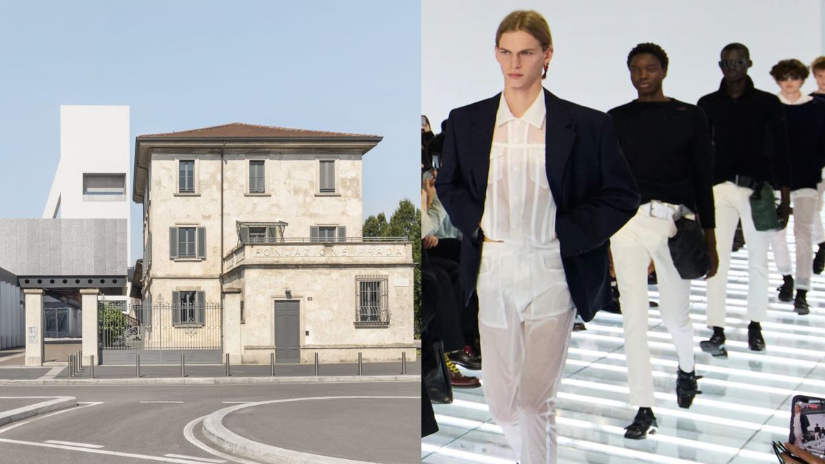 Слева: здание Fondazione Prada в&nbsp;Милане, Справа: Показ Prada Menswear Весна-Лето 2027 в&nbsp;Fondazione Prada  