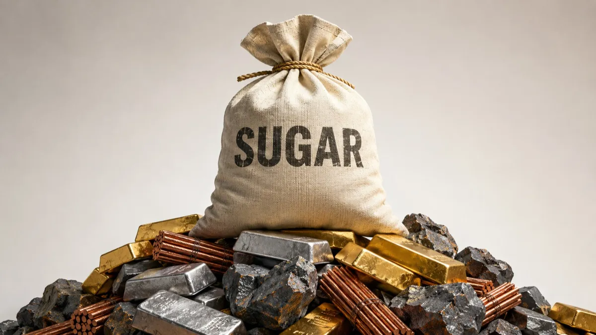 Мешок сахара с надписью SUGAR стоит на куче золотых и серебряных слитков, медной арматуры и железной руды