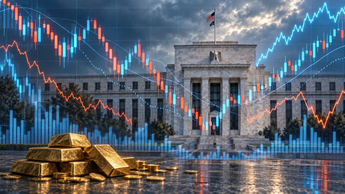 На фоне здания ФРС биржевые графики, внизу фон - золотые слитки и монеты