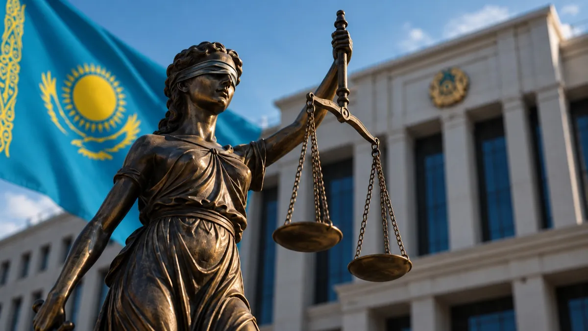 Статуя Фемиды на фоне казахстанского флага и здания с гербом