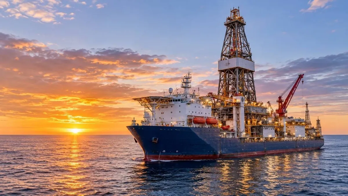 Морское буровое судно с высокой буровой вышкой в открытом море на фоне заката